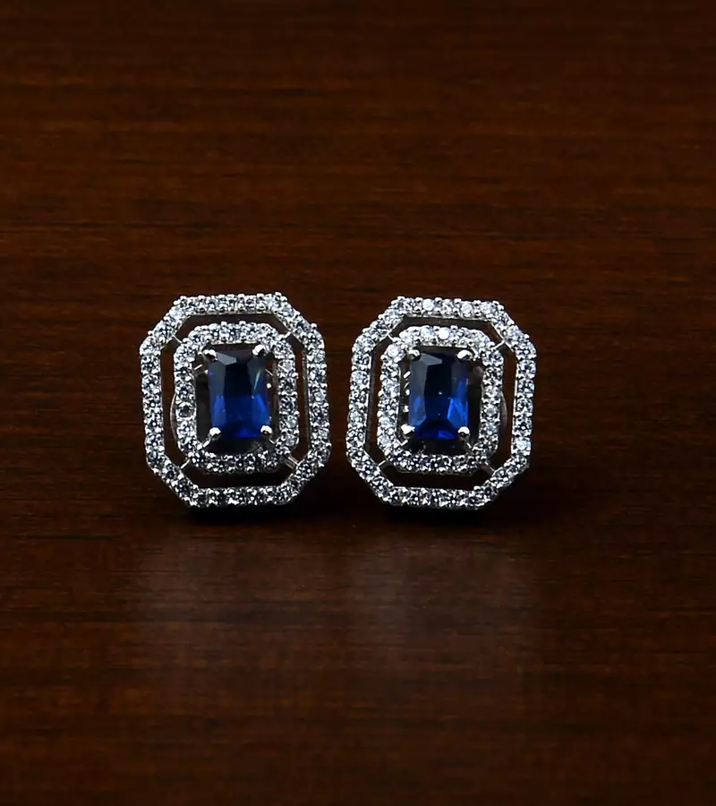 Rhodium Plated Blue Stone Embellished American Diamond Stud 216ED476