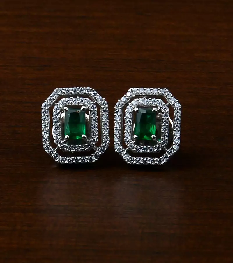 Rhodium Plated Green Stone Embellished American Diamond Stud 216ED477