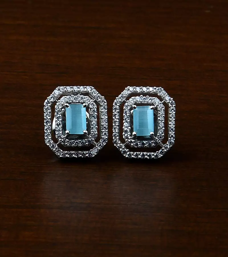 Rhodium Plated Ice Blue Stone Embellished American Diamond Stud 216ED478