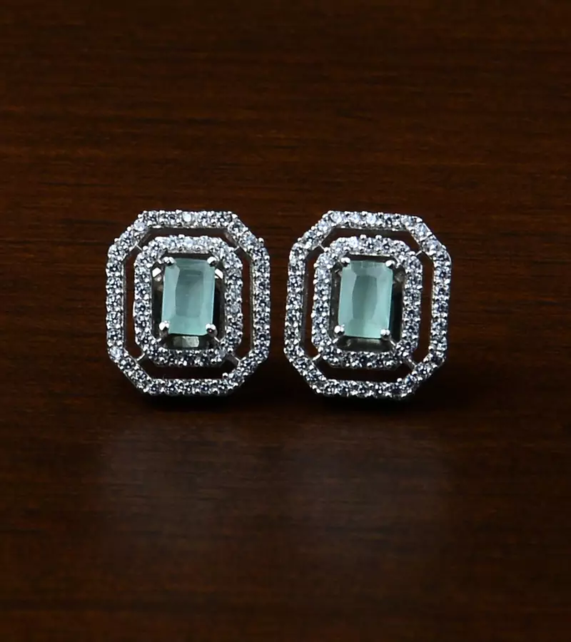Rhodium Plated Mint Stone Embellished American Diamond Stud 216ED479