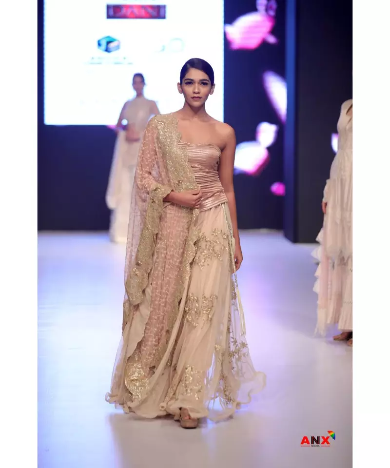NUDE GOTA LEHENGA WITH ANGLAINS LACE DUPATTA WITH ZARI BORDER