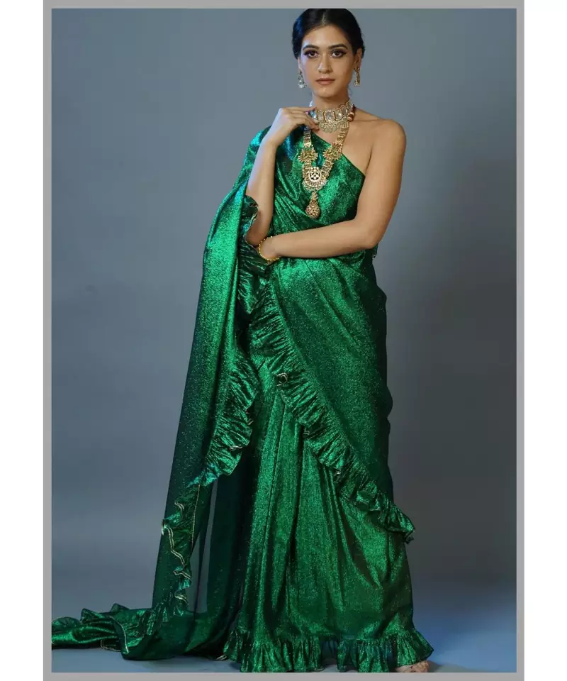 Green Lurex Zari Linen Metallic Saree Ruffles With Vintage Gold Ghota