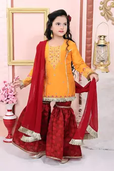 Yellow embroidered cotton silk kids salwar suits