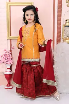 Yellow embroidered cotton silk kids salwar suits