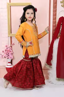 Yellow embroidered cotton silk kids salwar suits