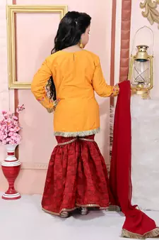Yellow embroidered cotton silk kids salwar suits