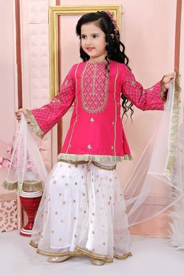 Pink embroidered cotton silk kids salwar suits 1