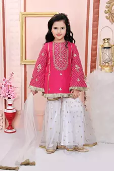 Pink embroidered cotton silk kids salwar suits