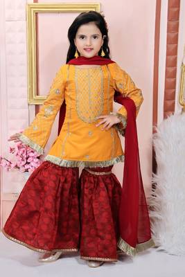 Yellow embroidered cotton silk kids salwar suits 1