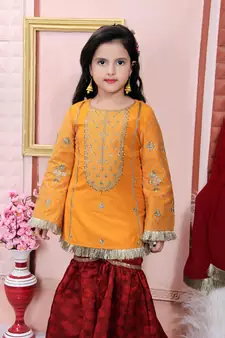 Yellow embroidered cotton silk kids salwar suits