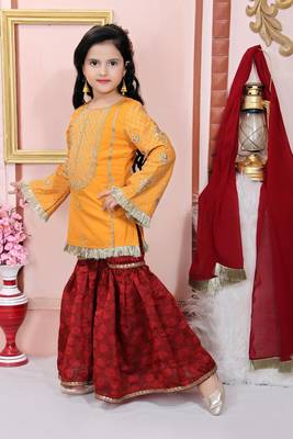Yellow embroidered cotton silk kids salwar suits 3
