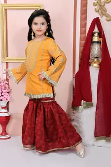 Yellow embroidered cotton silk kids salwar suits