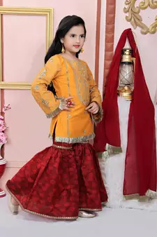 Yellow embroidered cotton silk kids salwar suits