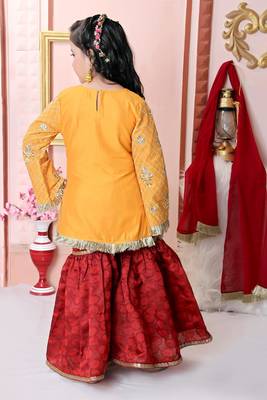Yellow embroidered cotton silk kids salwar suits 5