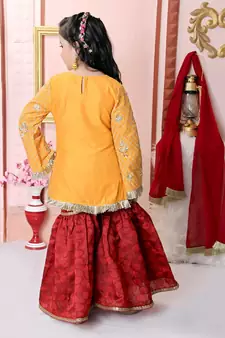 Yellow embroidered cotton silk kids salwar suits