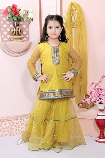 Yellow embroidered net kids salwar suits