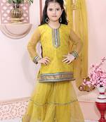 Yellow embroidered net kids salwar suits
