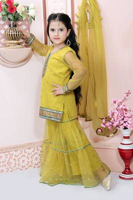 Yellow embroidered net kids salwar suits 2