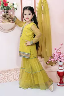 Yellow embroidered net kids salwar suits