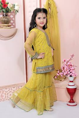 Yellow embroidered net kids salwar suits 3