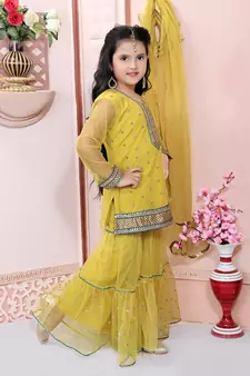 Yellow embroidered net kids salwar suits
