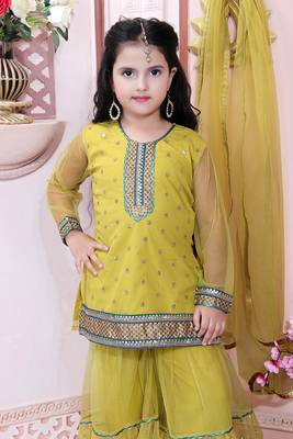 Yellow embroidered net kids salwar suits 4