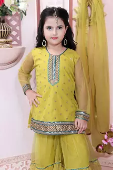 Yellow embroidered net kids salwar suits