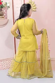 Yellow embroidered net kids salwar suits