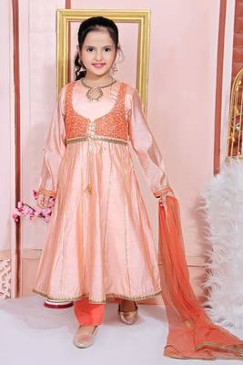 Pink embroidered chanderi silk kids salwar suits 1
