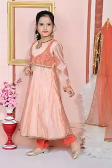 Pink embroidered chanderi silk kids salwar suits