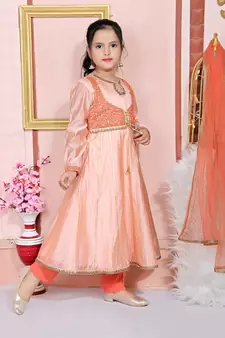 Pink embroidered chanderi silk kids salwar suits