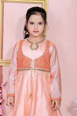 Pink embroidered chanderi silk kids salwar suits 4