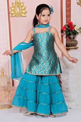 Blue embroidered jacquard kids salwar suits 4