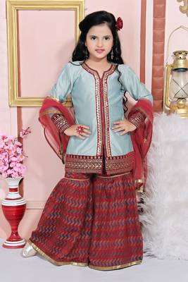 Grey embroidered chanderi silk kids salwar suits 1