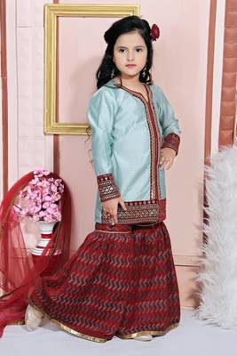 Grey embroidered chanderi silk kids salwar suits 3