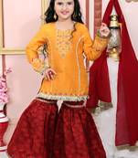 Yellow embroidered cotton silk kids salwar suits