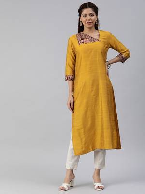 Mustard plain cotton silk cotton-kurtis 1
