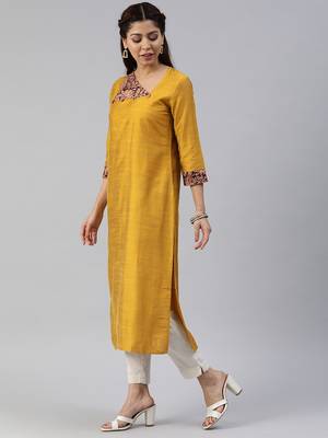 Mustard plain cotton silk cotton-kurtis 2