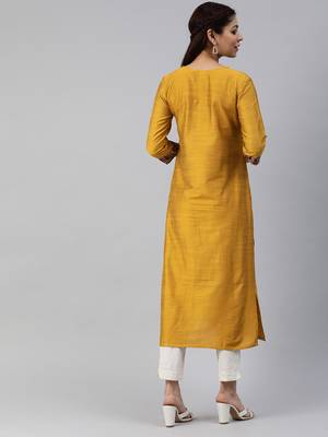 Mustard plain cotton silk cotton-kurtis 3