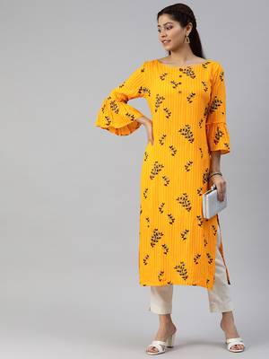 Yellow printed viscose cotton-kurtis 1