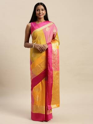 Sangam Prints Pink & Yellow Handloom Silk Woven Work Traditional Saree 1