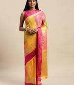 Sangam Prints Pink & Yellow Handloom Silk Woven Work Traditional Saree