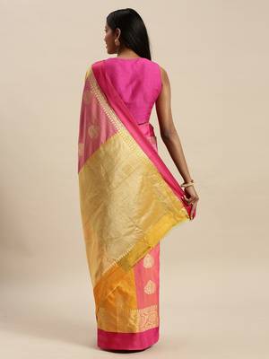 Sangam Prints Pink & Yellow Handloom Silk Woven Work Traditional Saree 2