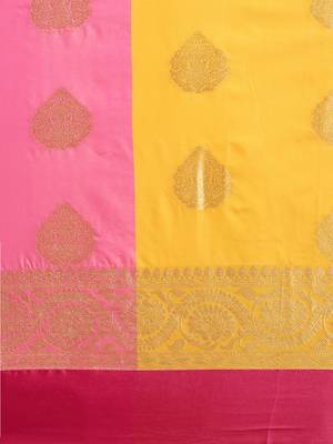 Sangam Prints Pink & Yellow Handloom Silk Woven Work Traditional Saree 3