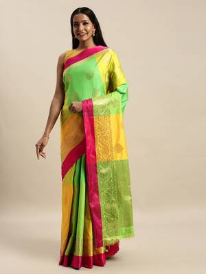 Sangam Prints Green & Yellow Handloom Silk Woven Work Traditional Saree 1