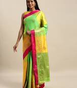 Sangam Prints Green & Yellow Handloom Silk Woven Work Traditional Saree