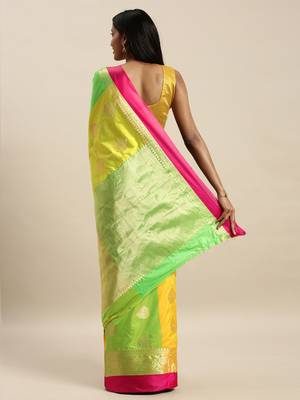 Sangam Prints Green & Yellow Handloom Silk Woven Work Traditional Saree 2