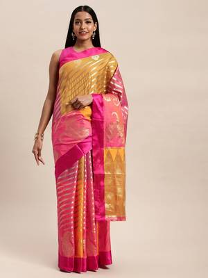 Sangam Prints Pink & Yellow Handloom Silk Woven Work Traditional Saree 1