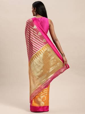 Sangam Prints Pink & Yellow Handloom Silk Woven Work Traditional Saree 2