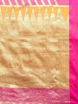 Sangam Prints Pink & Yellow Handloom Silk Woven Work Traditional Saree 4